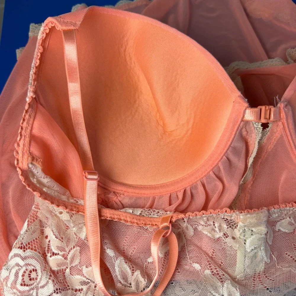 Pink Floral Lace Mesh Babydoll Chemise Front Clasp Lingerie 2X Jessica Simpson